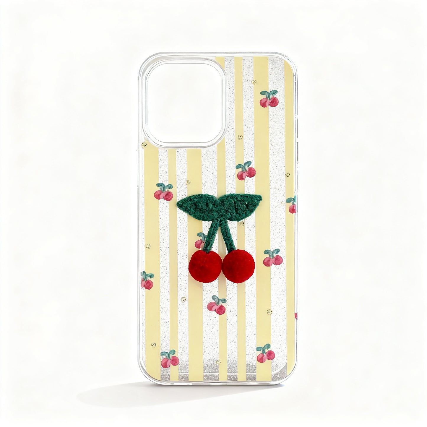 Soft Yellow Striped Cherry Glitter Phone Case for iPhone
