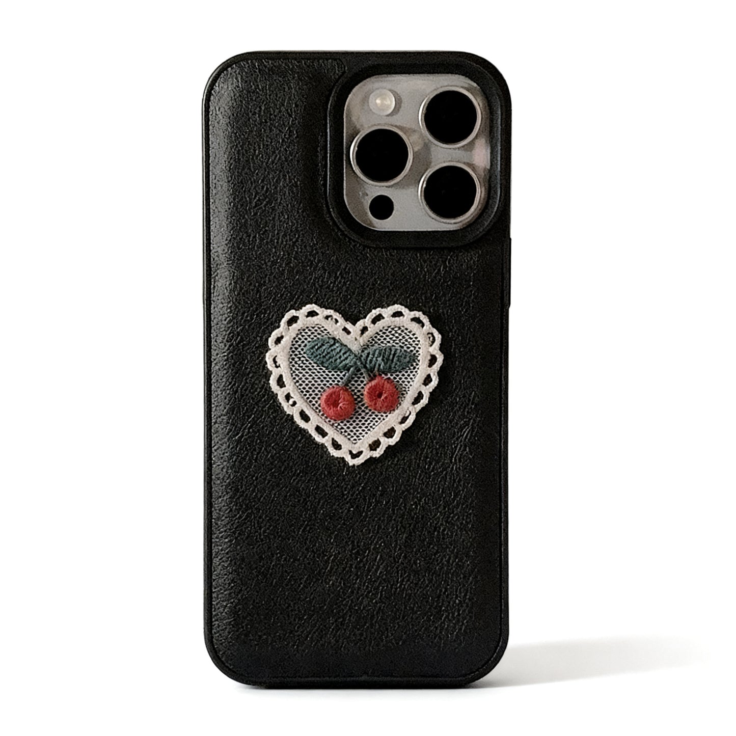 Cute Pink Heart and Cherry Embroidered Phone Case for iPhone