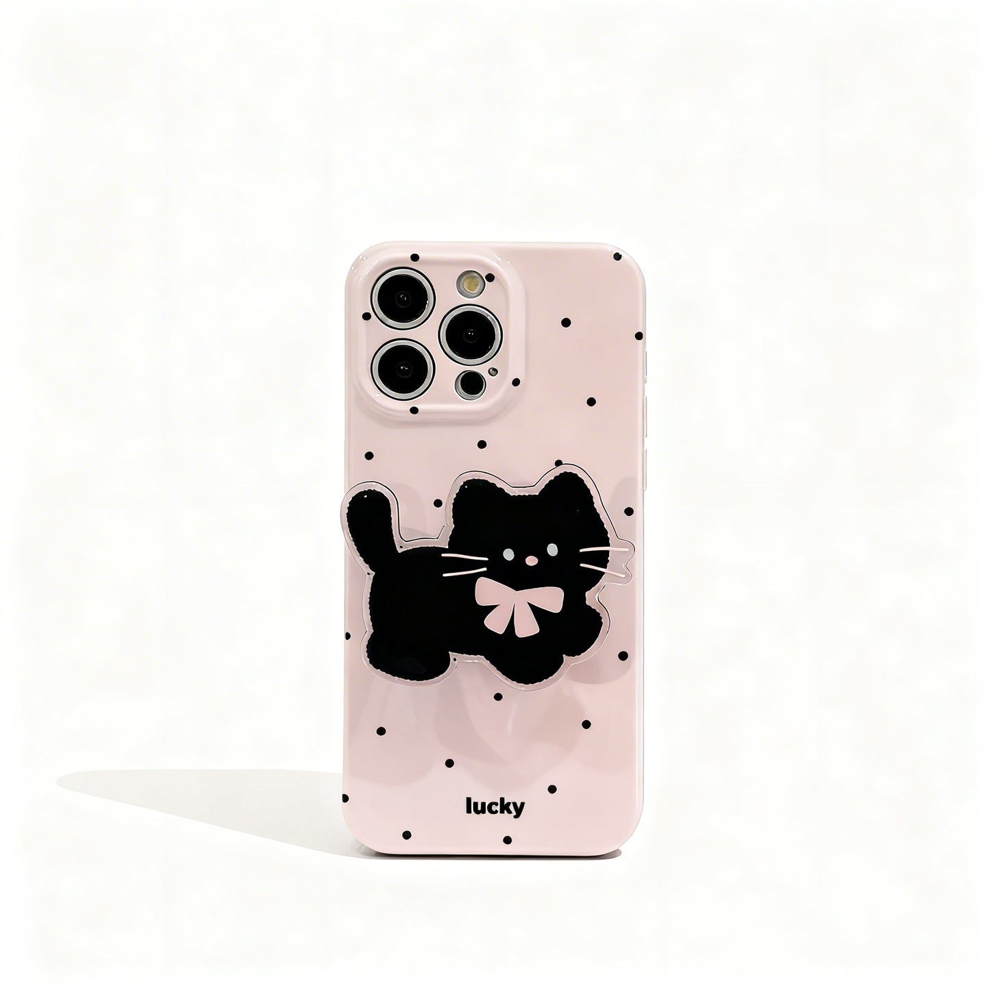 Korean Style Black Cat Polka Dot Stand Phone Case for iPhone