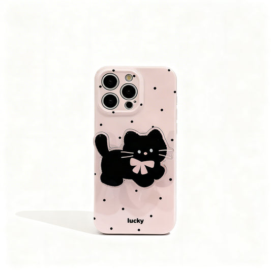 Korean Style Black Cat Polka Dot Stand Phone Case for iPhone