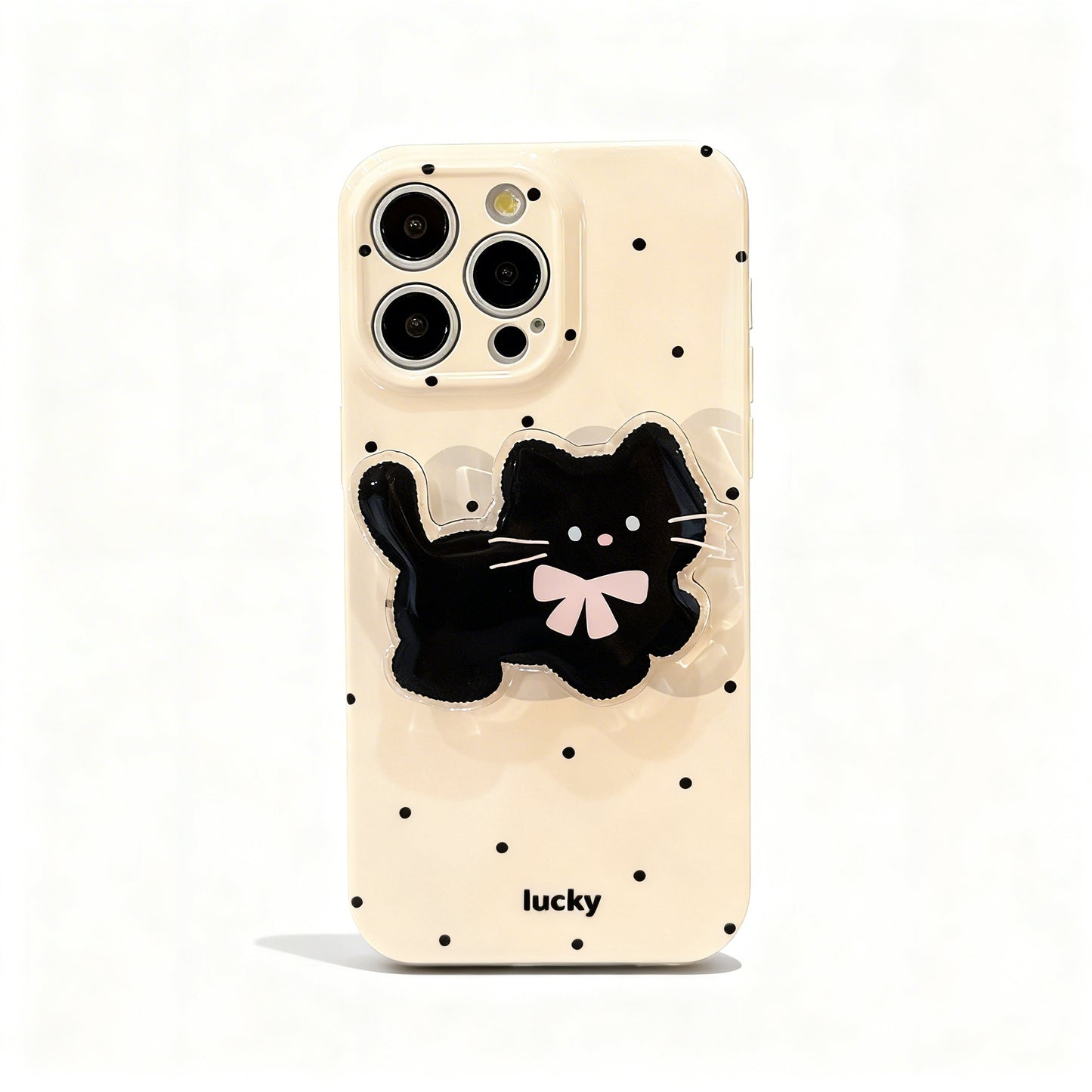 Korean Style Black Cat Polka Dot Stand Phone Case for iPhone
