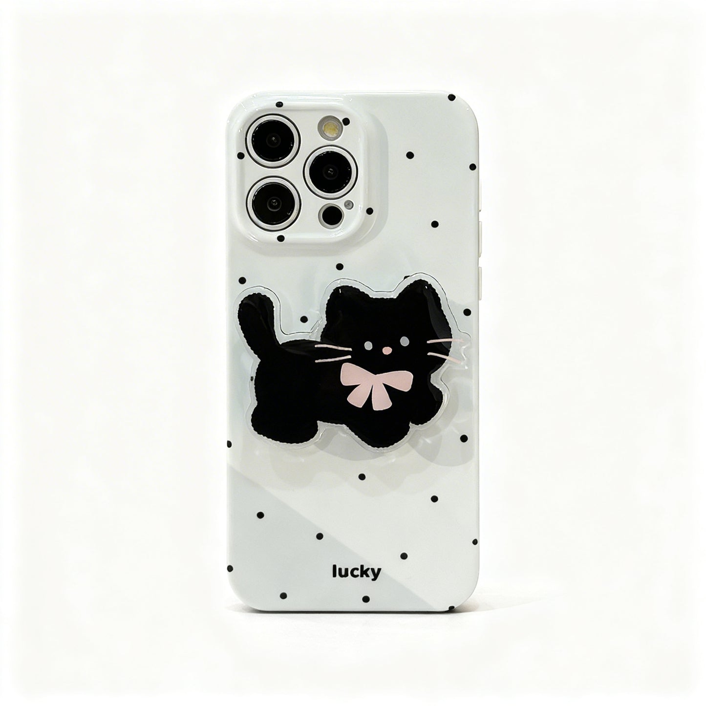 Korean Style Black Cat Polka Dot Stand Phone Case for iPhone