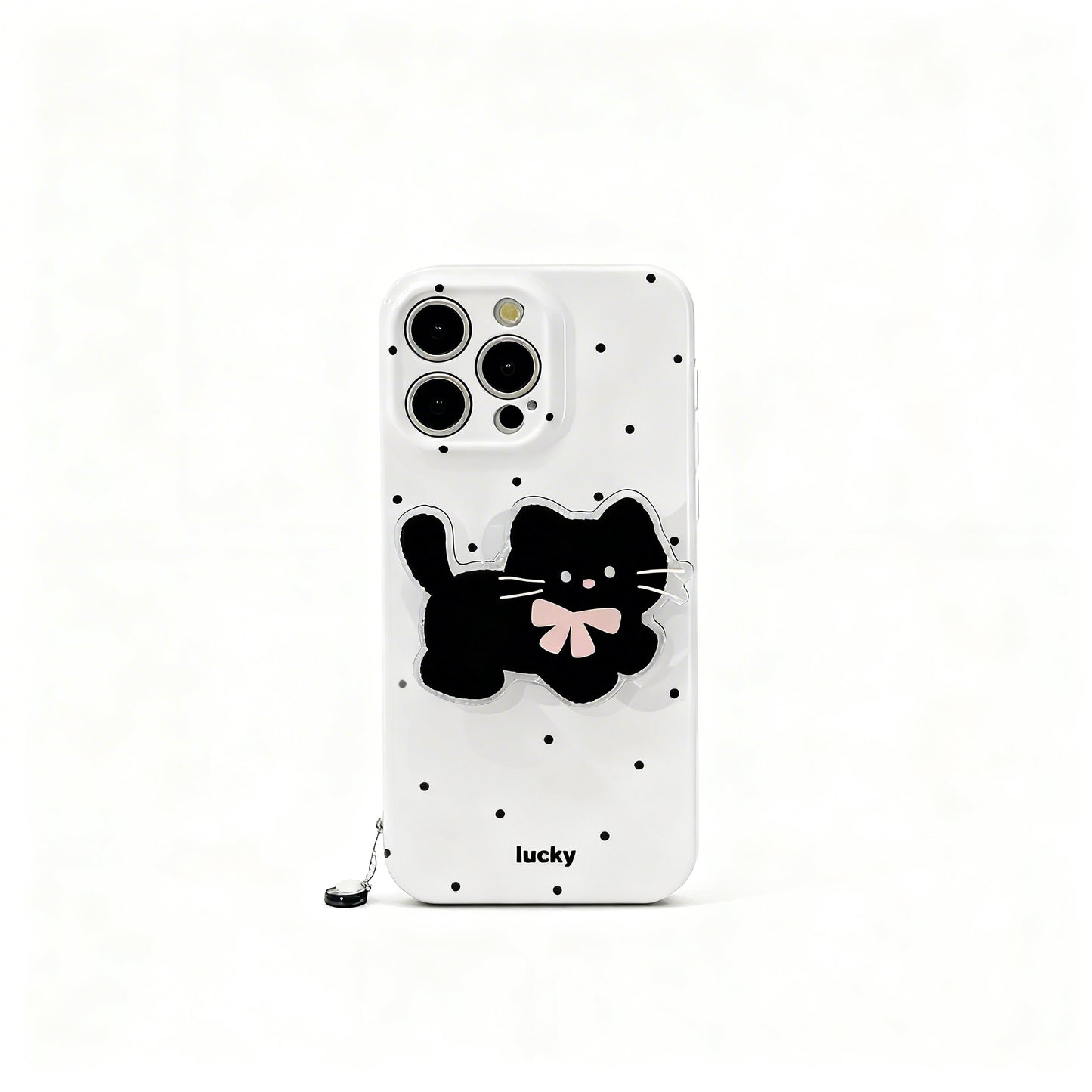 Korean Style Black Cat Polka Dot Stand Phone Case for iPhone