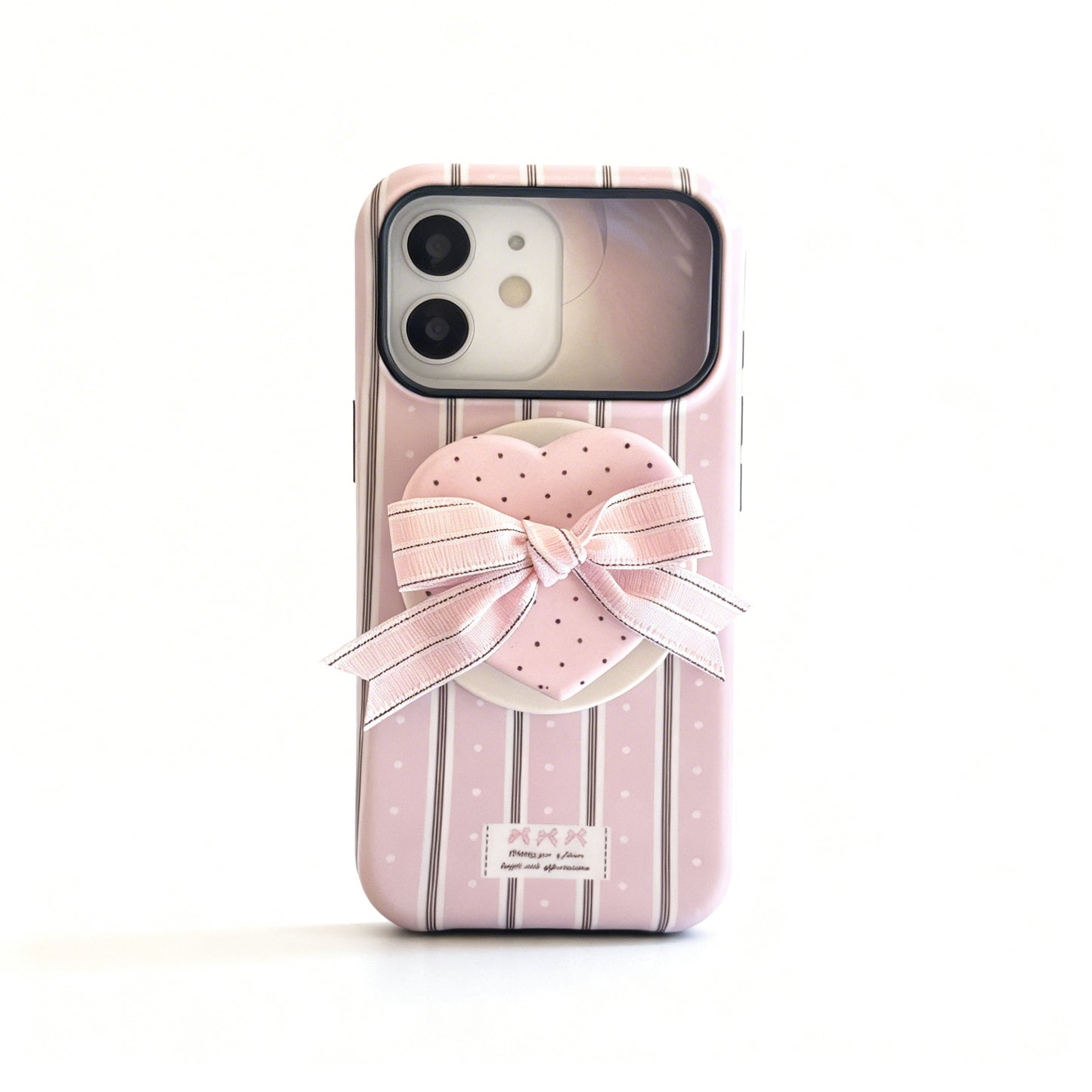 Cream Striped Heart Bow Phone Case for iPhone