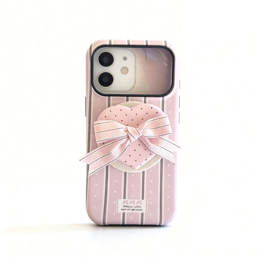 Cream Striped Heart Bow Phone Case for iPhone