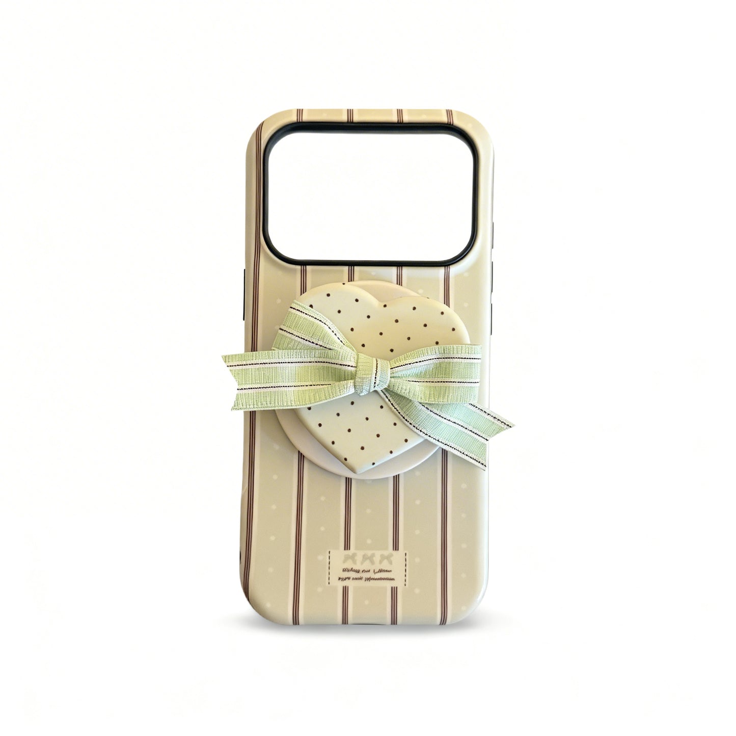Cream Striped Heart Bow Phone Case for iPhone