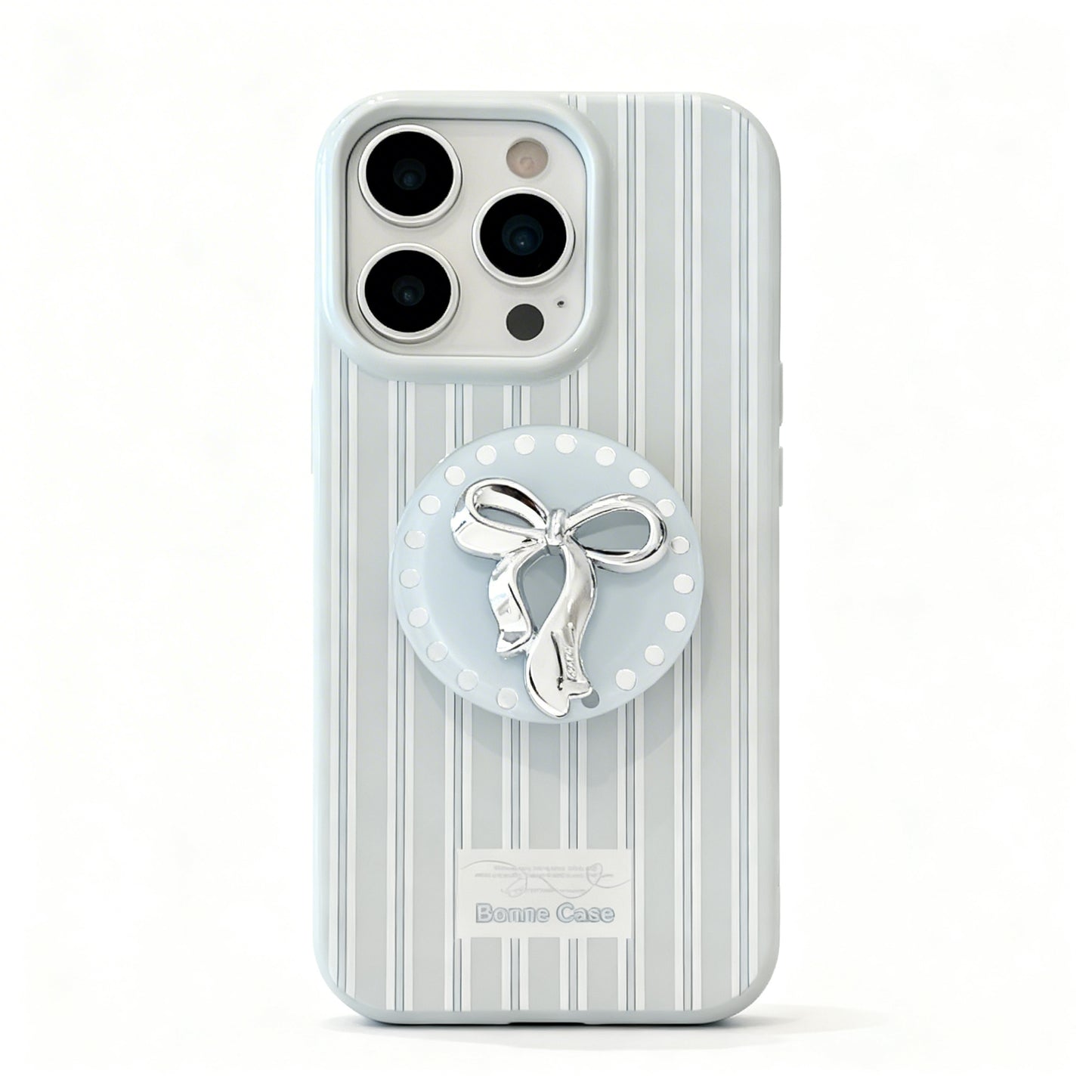 Blue Striped Soft Phone Case with Silver Bow for iPhone