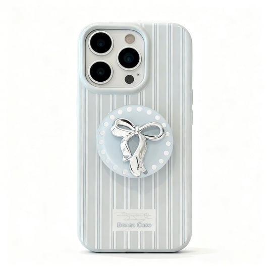 Blue Striped Soft Phone Case with Silver Bow for iPhone