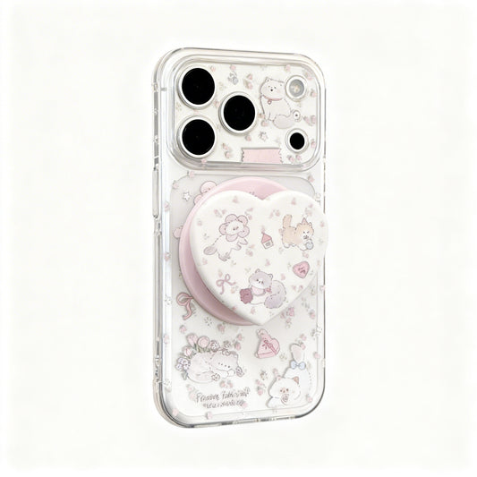 Cute Pink Cat Floral Soft Phone Case with Stand for iPhone