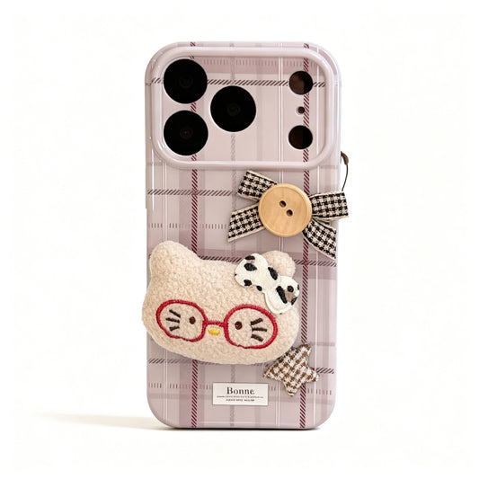 Vintage Purple Plaid Cat Plush Phone Case for iPhone