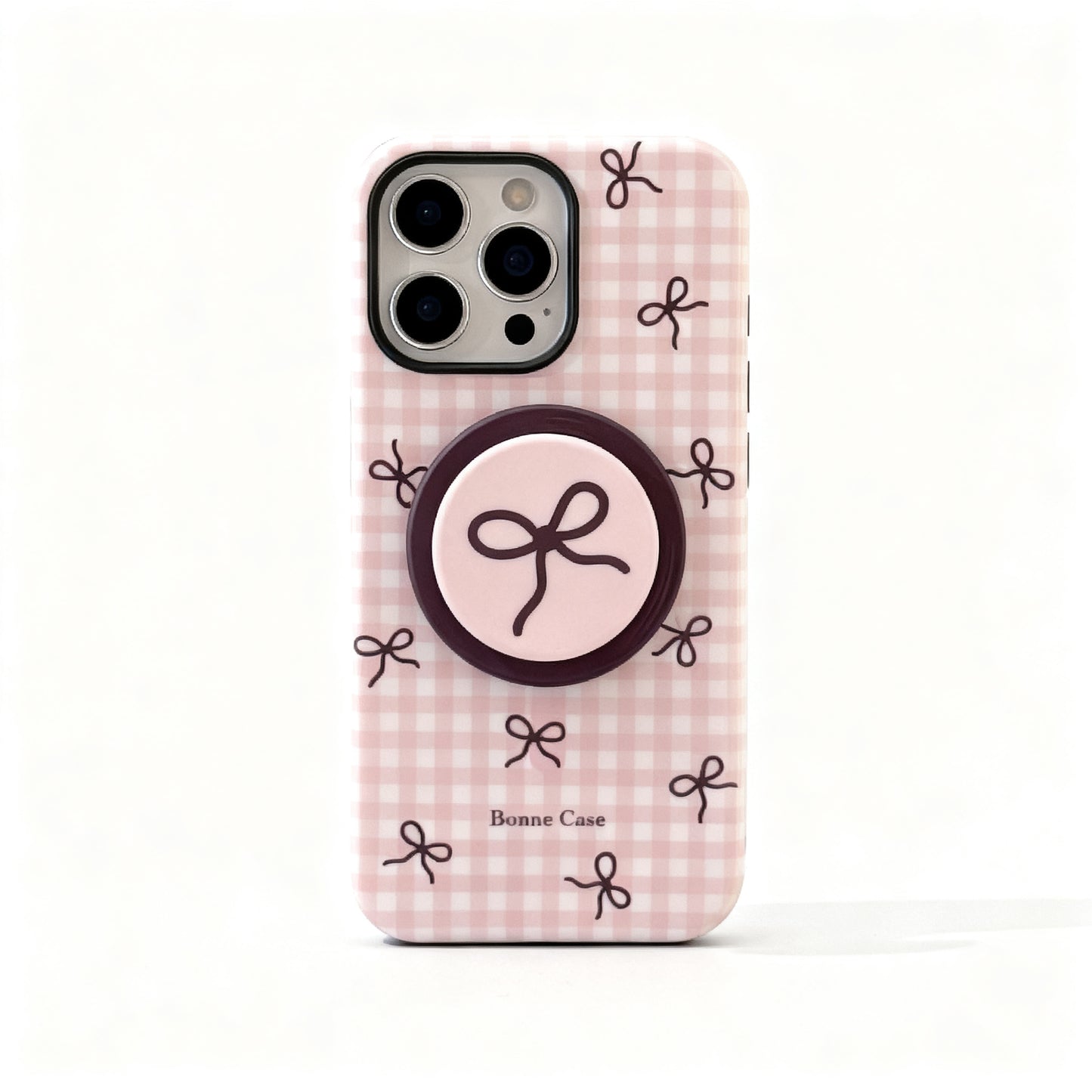 Sweet Pink Plaid Bow Magnetic Stand Phone Case for iPhone