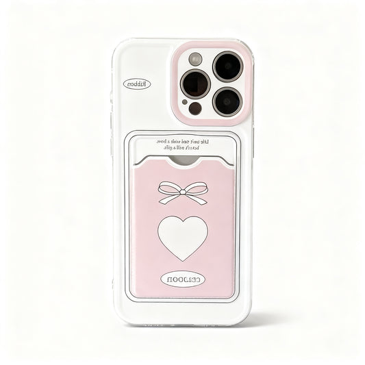 Korean Style Pink Heart Card Holder Phone Case for iPhone