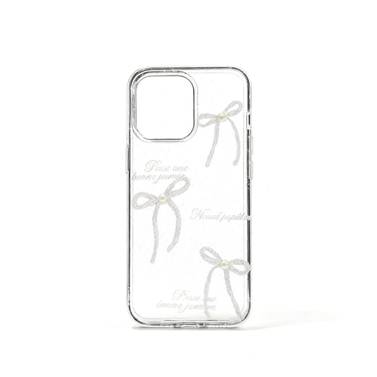 Pink Glitter Pearl Bow Transparent Phone Case for iPhone