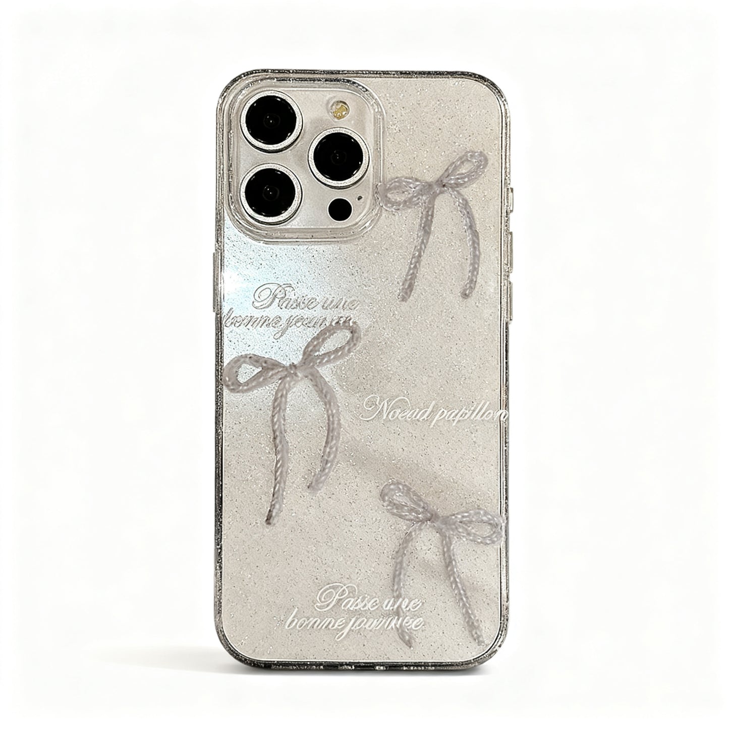 Pink Glitter Pearl Bow Transparent Phone Case for iPhone