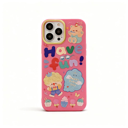 Korean Style Pink Doodle Glossy Phone Case for iPhone