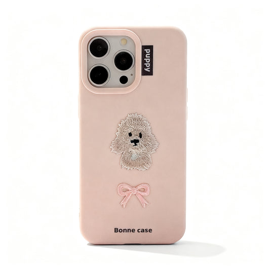 Cute Pink Bow Embroidered Dog Phone Case for iPhone