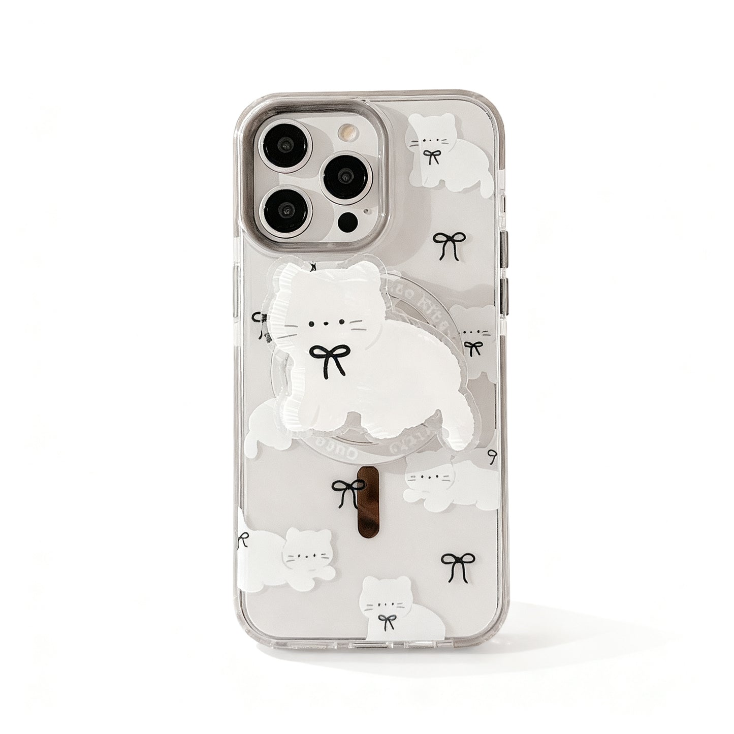 Cute Transparent Cat Bow Phone Case with Magnetic Stand for iPhone