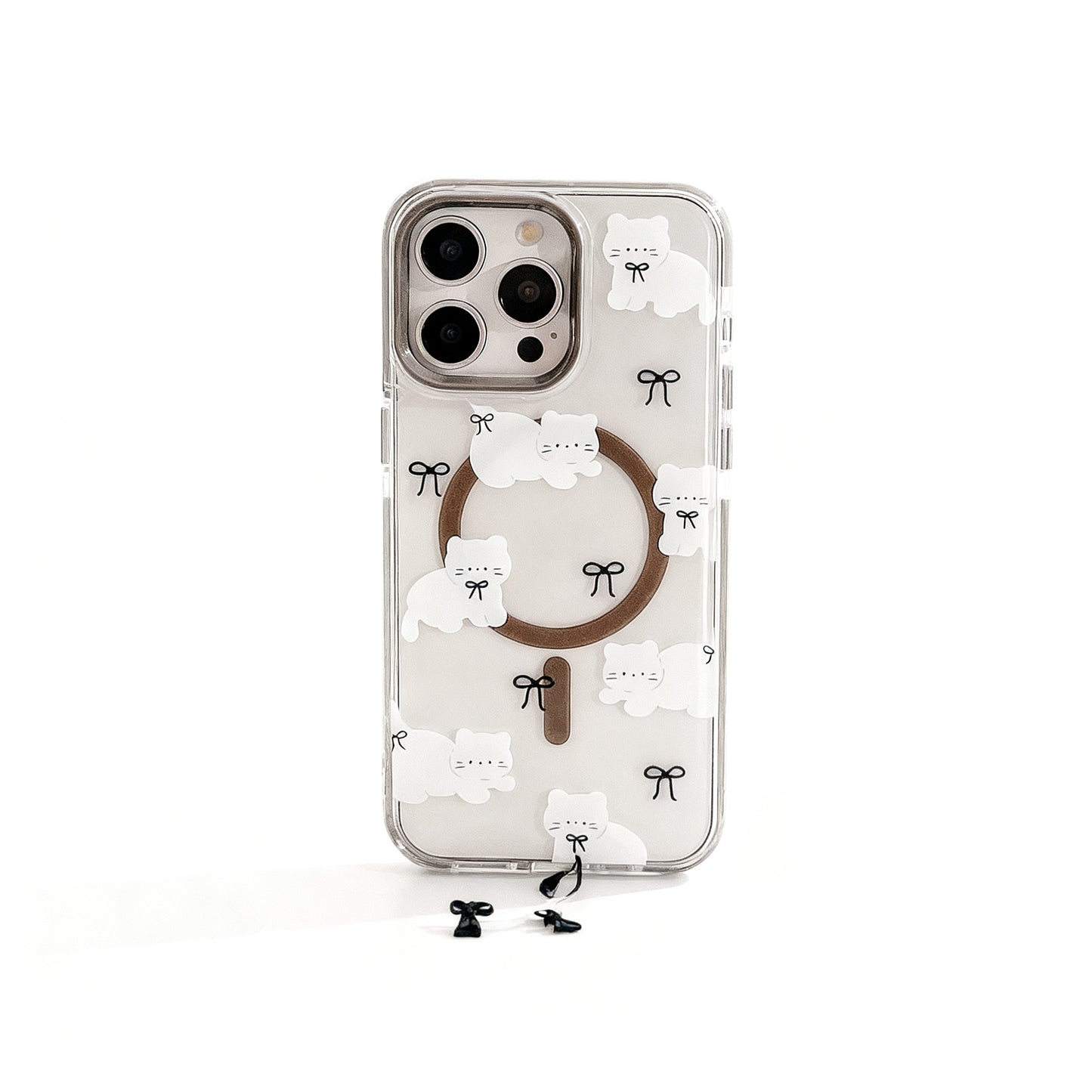 Cute Transparent Cat Bow Phone Case with Magnetic Stand for iPhone
