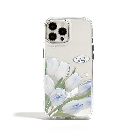 Soft Blue Floral Makeup Mirror Phone Case for iPhone