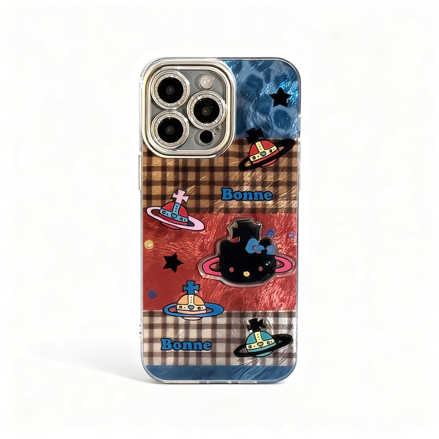 Cute Plaid Cat Planet Hard Phone Case for iPhone