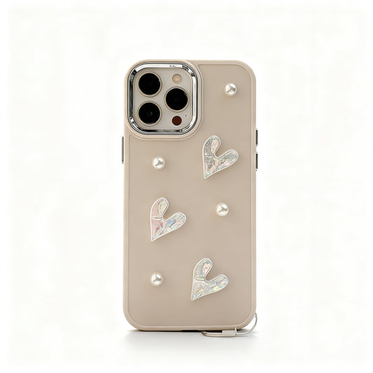Cream Pearl Heart Soft Phone Case for iPhone