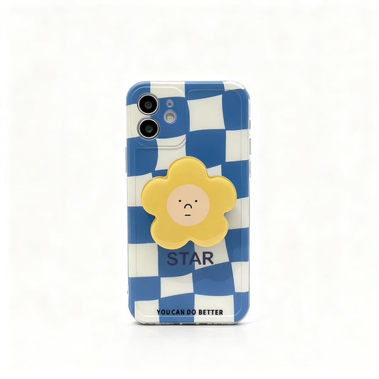 Blue Checkered Floral Stand Phone Case for iPhone