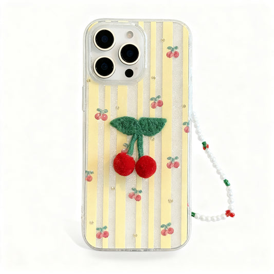 Soft Yellow Striped Cherry Glitter Phone Case for iPhone