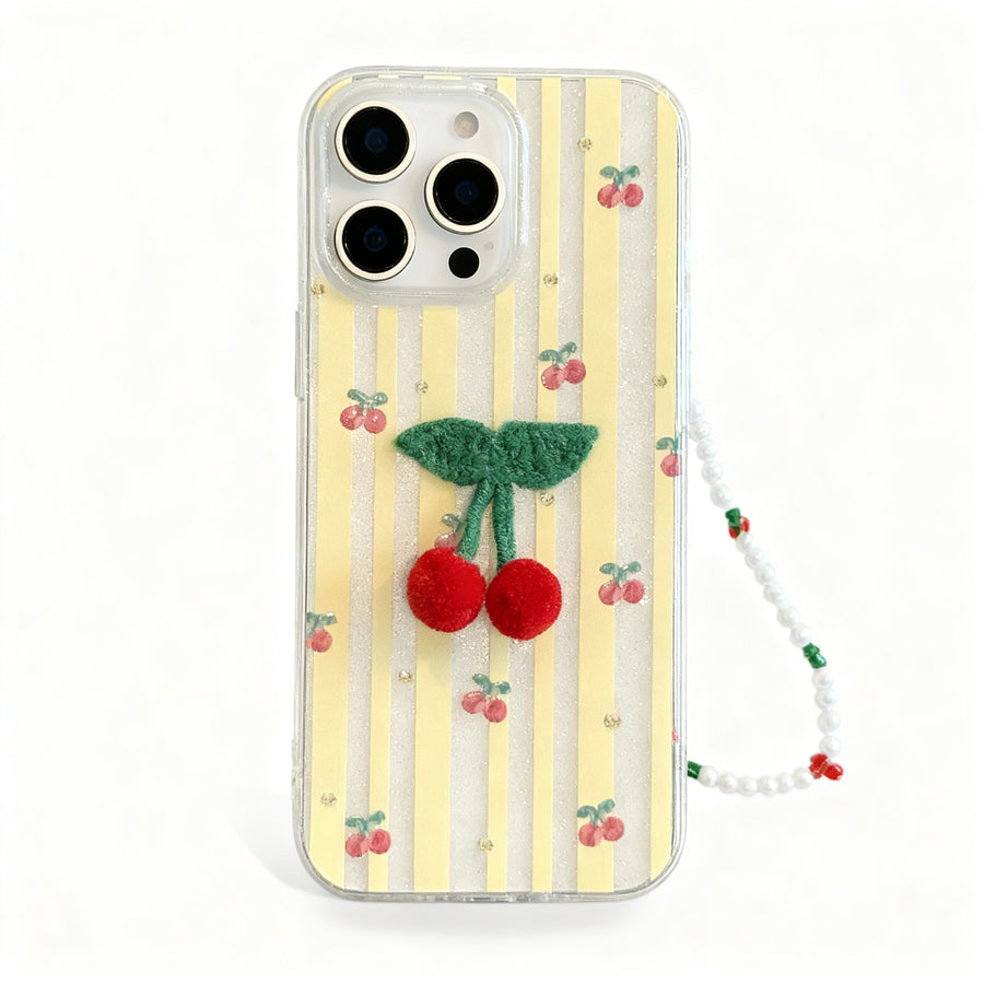 Soft Yellow Striped Cherry Glitter Phone Case for iPhone