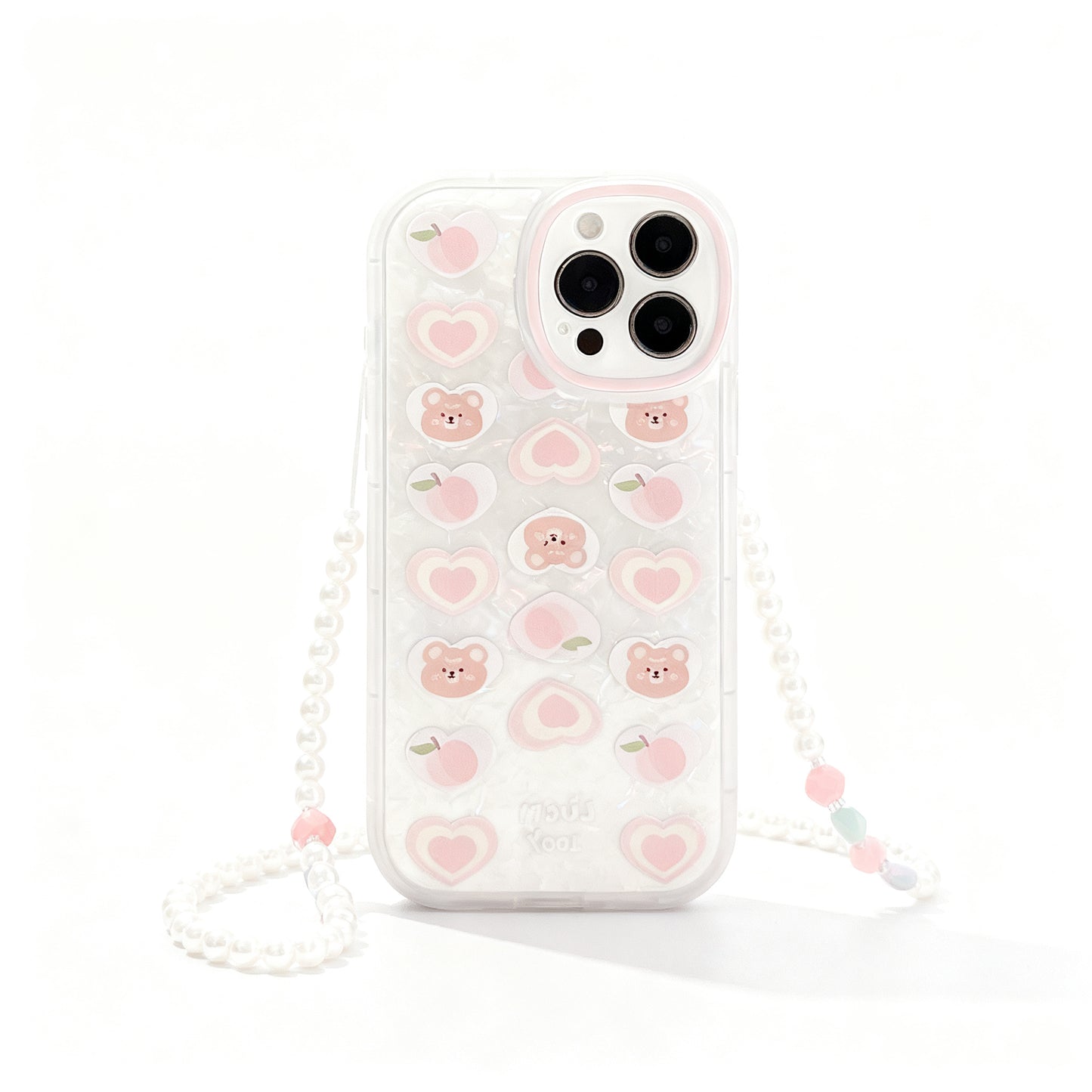 Cute Peach Bear Pearl Chain Phone Case for iPhone