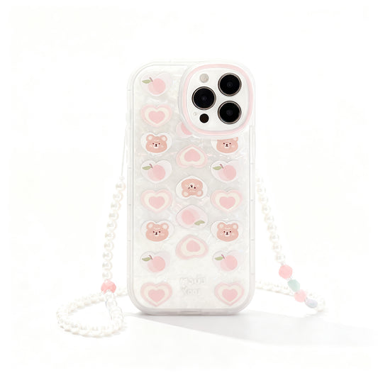 Cute Peach Bear Pearl Chain Phone Case for iPhone