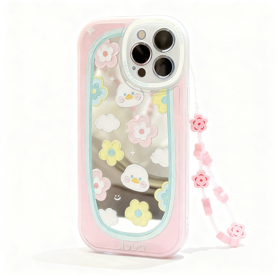 Artistic Duck Oil Painting Phone Case for iPhone with Mirror and Strap