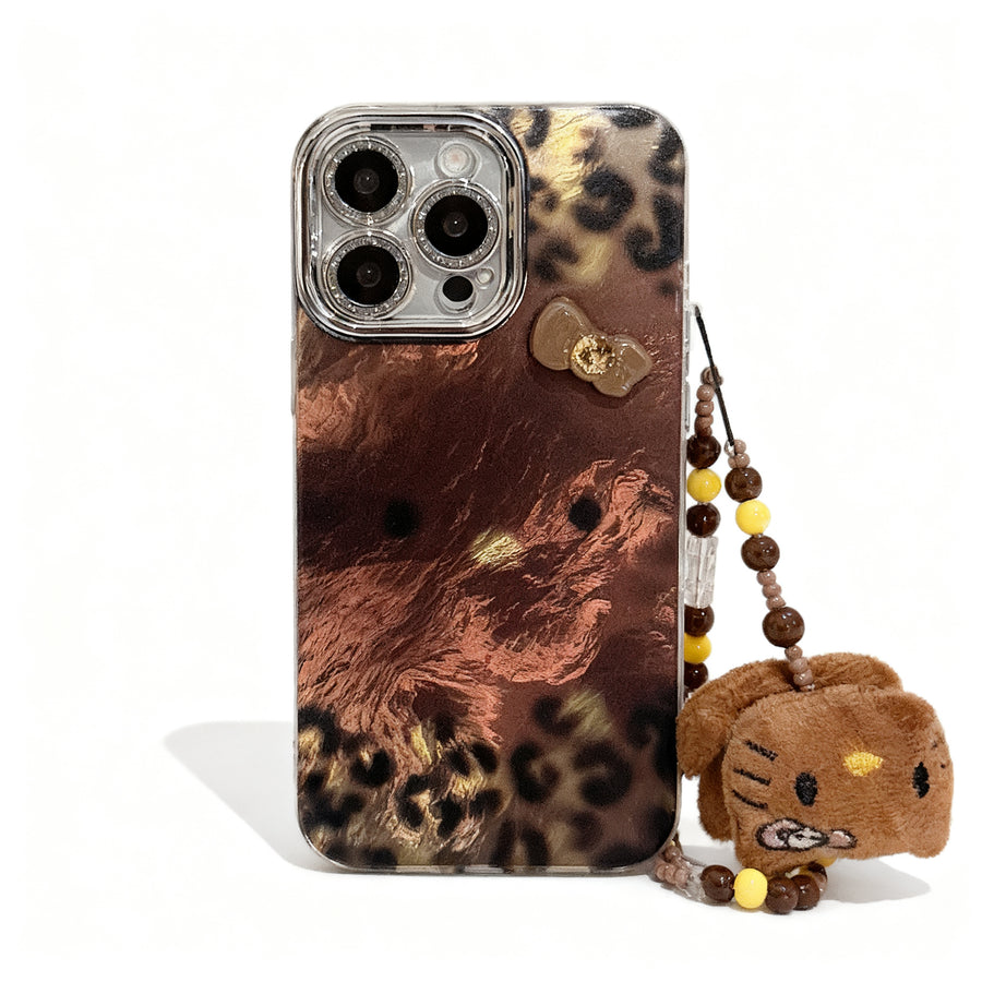 Brown Leopard Print Cute Cat Phone Case for iPhone with Glitter
