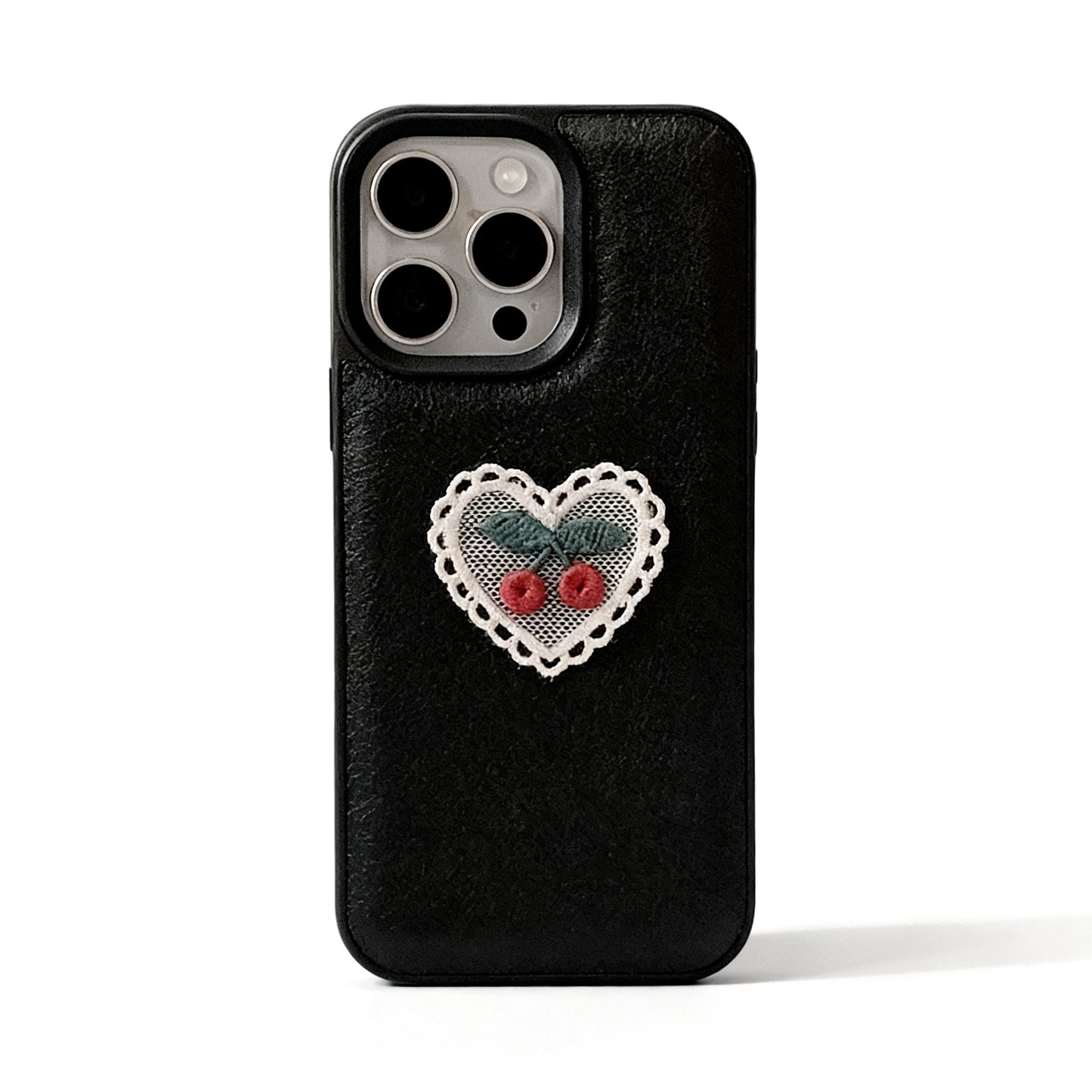 Pink Embroidered Heart Cherry Phone Case for iPhone