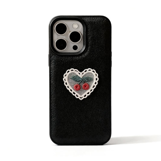 Pink Embroidered Heart Cherry Phone Case for iPhone