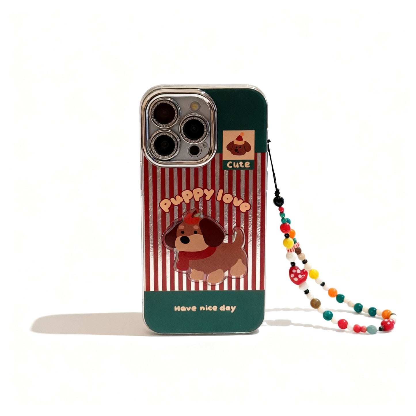 Red Striped Dachshund Cartoon Phone Case for iPhone with Lanyard