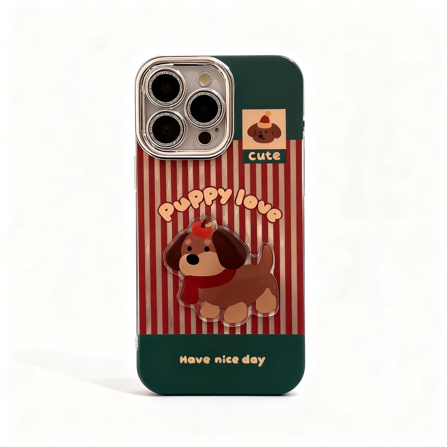 Red Striped Dachshund Cartoon Phone Case for iPhone with Lanyard